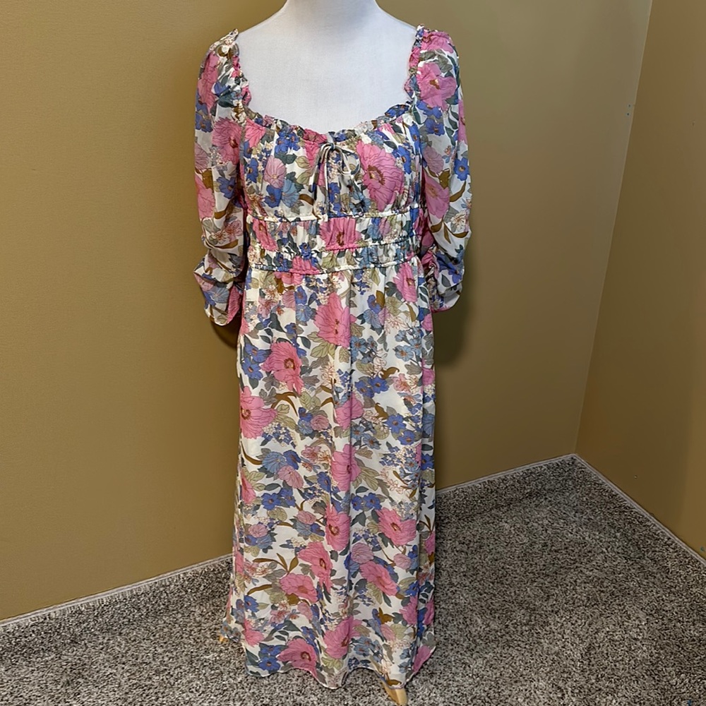 Lush Floral Midi Dress - Pink, Blue, Cream
